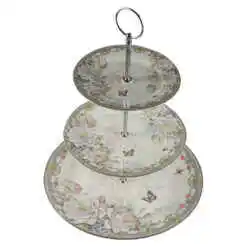 Platou din ceramica cu 3 nivele, cu trandafiri si fluture