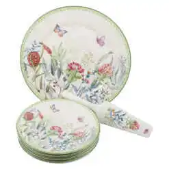 Set de tort 8 piese, Platou cu 6 farfurii si o spatula, cu flori si fluturi
