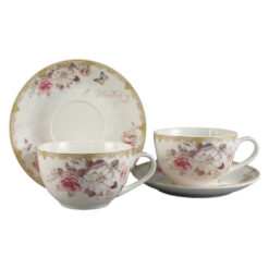 Set 2 cesti din ceramica cu farfurii "Flower", 150 ml, , in cutie cadou