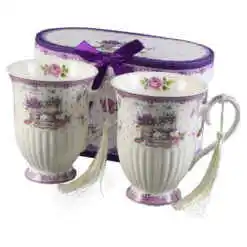 Set 2 cani din ceramica, "Lavender Tea", 300 ml, cu franjuri, in cutie cadou