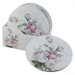 Set 6 suporturi pentru pahare din lemn, 10.5 CM, cu suport, Rose love