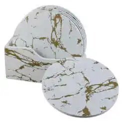 Set 6 suporturi pentru pahare din lemn, 10.5 CM, cu suport, Alb/auriu