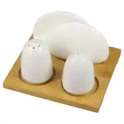 Set solnita/pipernita cu suport servetele, din ceramica, cu suport din bambus - White