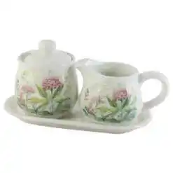 Suport din ceramica cu zaharnita si cana lapte, Flori de camp 22x11 CM