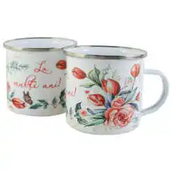 Cana metalica emailata 240 ml "La multi ani!", buchet de flori