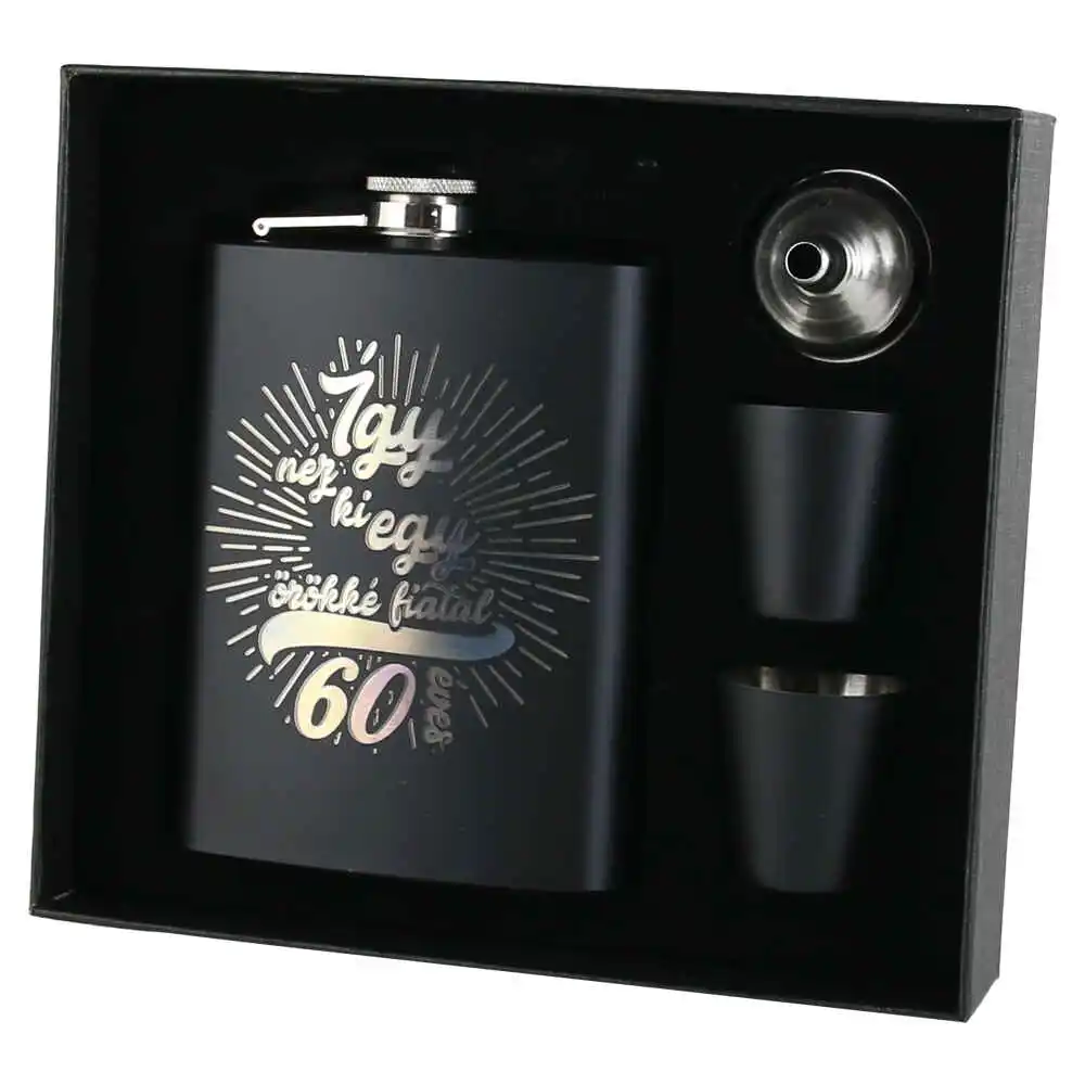 Set cadou "Igy nez ki egy orokke fiatal 60 eves", Plosca cu palnie si 2 pahare