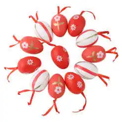 Set 12 oua din plastic 3x4 cm, rosii & albe, cu flori si dungi aurii