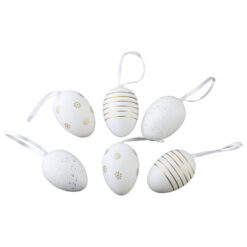 Set 6 oua din plastic 4x6 cm, albe, cu dungi si flori aurii