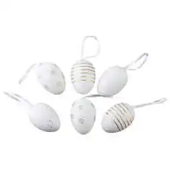 Set 6 oua din plastic 4x6 cm, albe, cu dungi si flori aurii