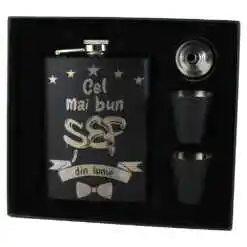 Set cadou "Cel mai bun Sef din lume",  Plosca cu palnie si 2 pahare