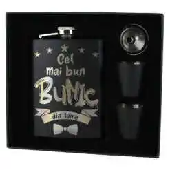 Set cadou "Cel mai bun Bunic din lume",  Plosca cu palnie si 2 pahare