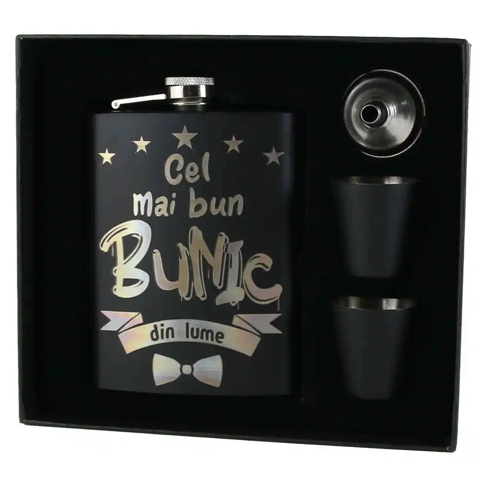 Set cadou "Cel mai bun Bunic din lume", Plosca cu palnie si 2 pahare