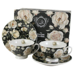 Set 2 cesti cu farfurii din portelan 250 ml "English Roses Black", in cutie decorativa