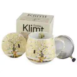 Cana portelan cu infuzor metalic si capac 430 ml,"Tree of Life" de Gustav Klimt, ecru