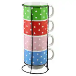 Set 4 cesti din ceramica cu suport metalic, 150 ml, Buline