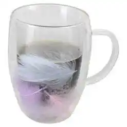 Cana de sticla cu pereti dubli 300 ml, cu pene/flori colorate