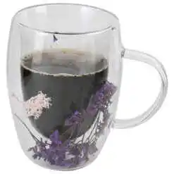 Alternative view of Cana de sticla cu pereti dubli 300 ml, cu pene/flori colorate