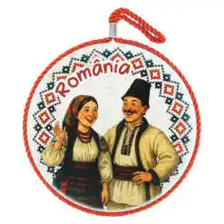 Suport oale decor din ceramica "Romania", 17 CM, Cuplu in port popular