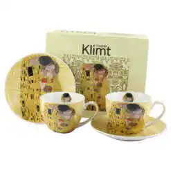 Set 2 cesti cu farfurii din portelan 270 ml "The Kiss" de Gustav Klimt, ecru, in cutie decorativa