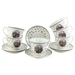 Set 6 cesti cu farfurii din portelan 250 ml "Basket of Flowers-Field flowers", in cutie decorativa