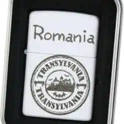 Bricheta metalica "Romania/Transylvania", 3x5 CM, alb
