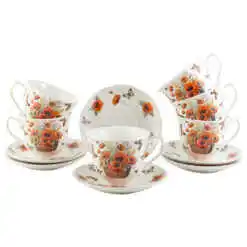 Set 6 cesti cu farfurii din portelan 250 ml "Basket of Flowers-Poppies", in cutie decorativa