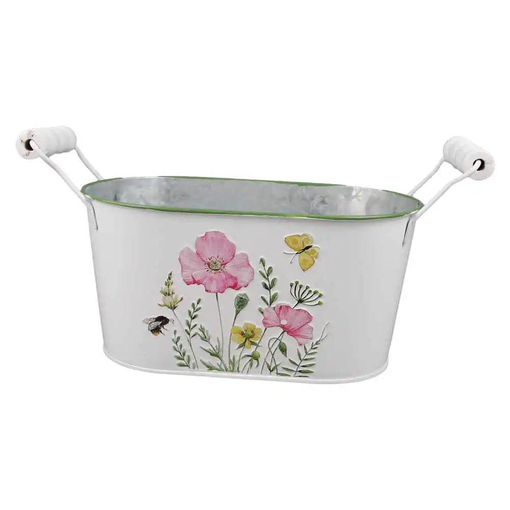 Ghiveci oval din metal, cu manere, 19x11.5 CM, Flori de camp