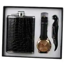 Set cadou pentru barbati, 3 piese, Plosca cu ceas si tirbuson
