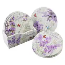 Set 6 suporturi pentru pahare din lemn, 10.5 CM, cu suport, Lavender & fluture