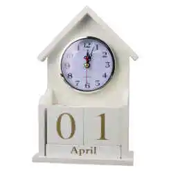 Calendar Perpetuu din lemn cu ceas 14x24 CM, Alb/auriu