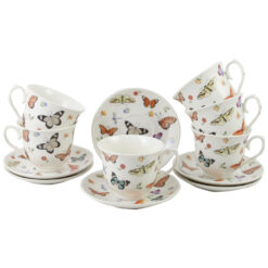 Set 6 cesti cu farfurii, din portelan "Butterflies", 250 ml, in cutie decorativa