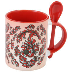 Cana ceramica cu lingurita, 330 ml, Rosu, motive traditionale Corund