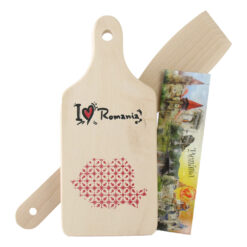 Set ustensile bucatarie din lemn cu magnet frigider "I love Romania", 3 piese