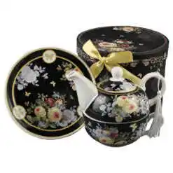 Set ceainic cu ceasca si farfurioara, 350 ml / 310 ml, in cutie decorativa, Flori, negru