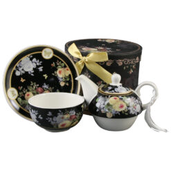 Alternative view of Set ceainic cu ceasca si farfurioara, 350 ml / 310 ml, in cutie decorativa, Flori, negru