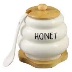 Recipient miere cu capac, lingurita si suport din bambus "Honey"
