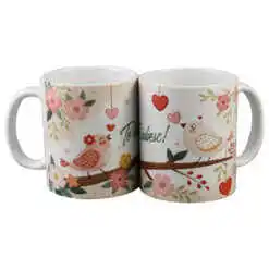 Alternative view of Cana din ceramica, 330 ml, "Te iubesc!", cu pasari si inimioare