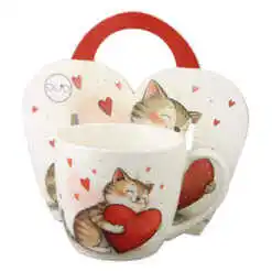 Cana portelan 460 ml, Pisica cu inima, in ambalaj decorativ