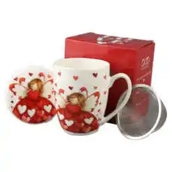 Cana portelan cu infuzor metalic si capac, 360 ml, Ingeras cu inimioare, cu cutie cadou