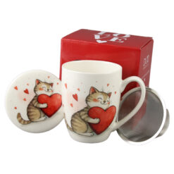 Cana portelan cu infuzor metalic si capac, 360 ml, Pisica cu inima, cu cutie cadou