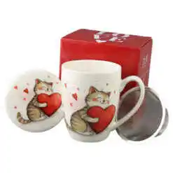 Cana portelan cu infuzor metalic si capac, 360 ml, Pisica cu inima, cu cutie cadou