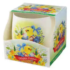 Lumanare parfumata de Paste in pahar, 100 g, Happy Easter, cu pui si flori