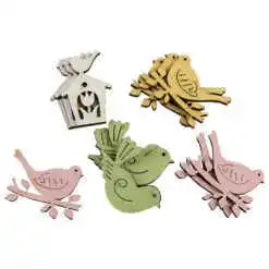 Set 12 decoruri din lemn 3-4 cm, pasari colorate