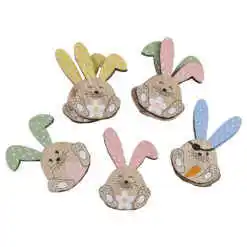 Set 8 decoruri lemn, 5 cm, iepurasi cu flori, cu autoadeziv
