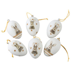 Set 6 oua din plastic 4x6 cm, albe cu iepurasi