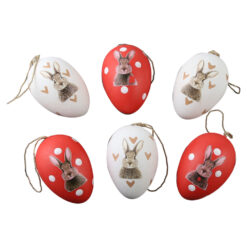 Set 6 oua din plastic 4x6 cm, albe & rosii cu iepurasi