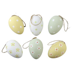 Set 6 oua din plastic 4x6 cm, albe & verzi, cu buline si flori