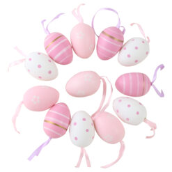 Set 12 oua din plastic 3x4 cm, roz & albe, cu flori, dungi si buline