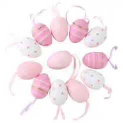 Set 12 oua din plastic 3x4 cm, roz & albe, cu flori, dungi si buline