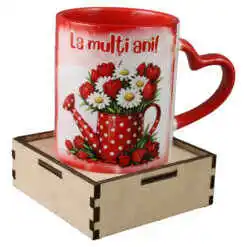 Cana cu suport din lemn, "La multi ani", 330 ml, margarete cu lalele